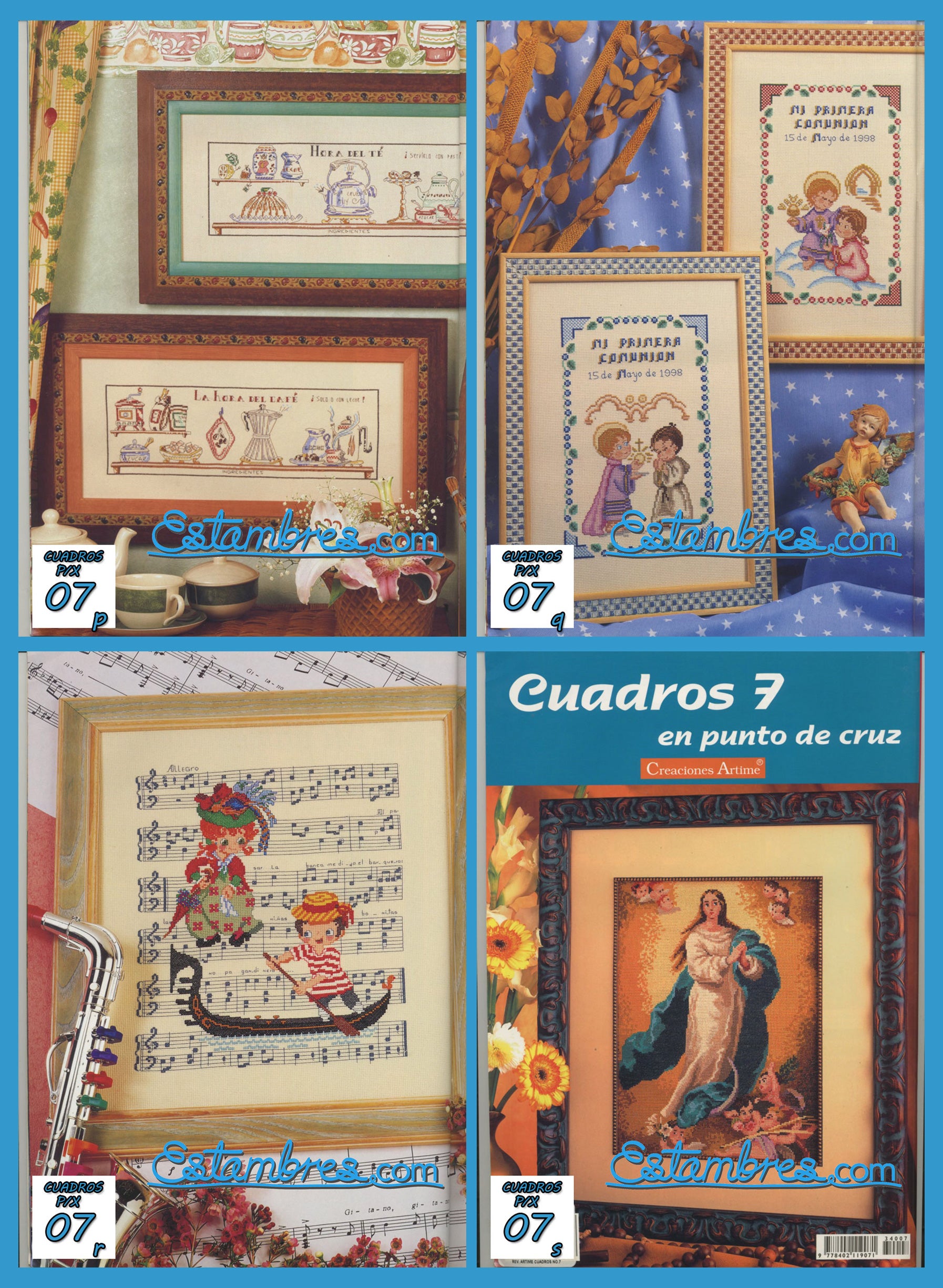 Revista Española Cuadros en Punto de Cruz, contiene muestras elaboradas en punto de cruz, con sus respectivos esquemas de Punto de Cruz, y su respectiva lista de colores a usar, para cada grafico.
