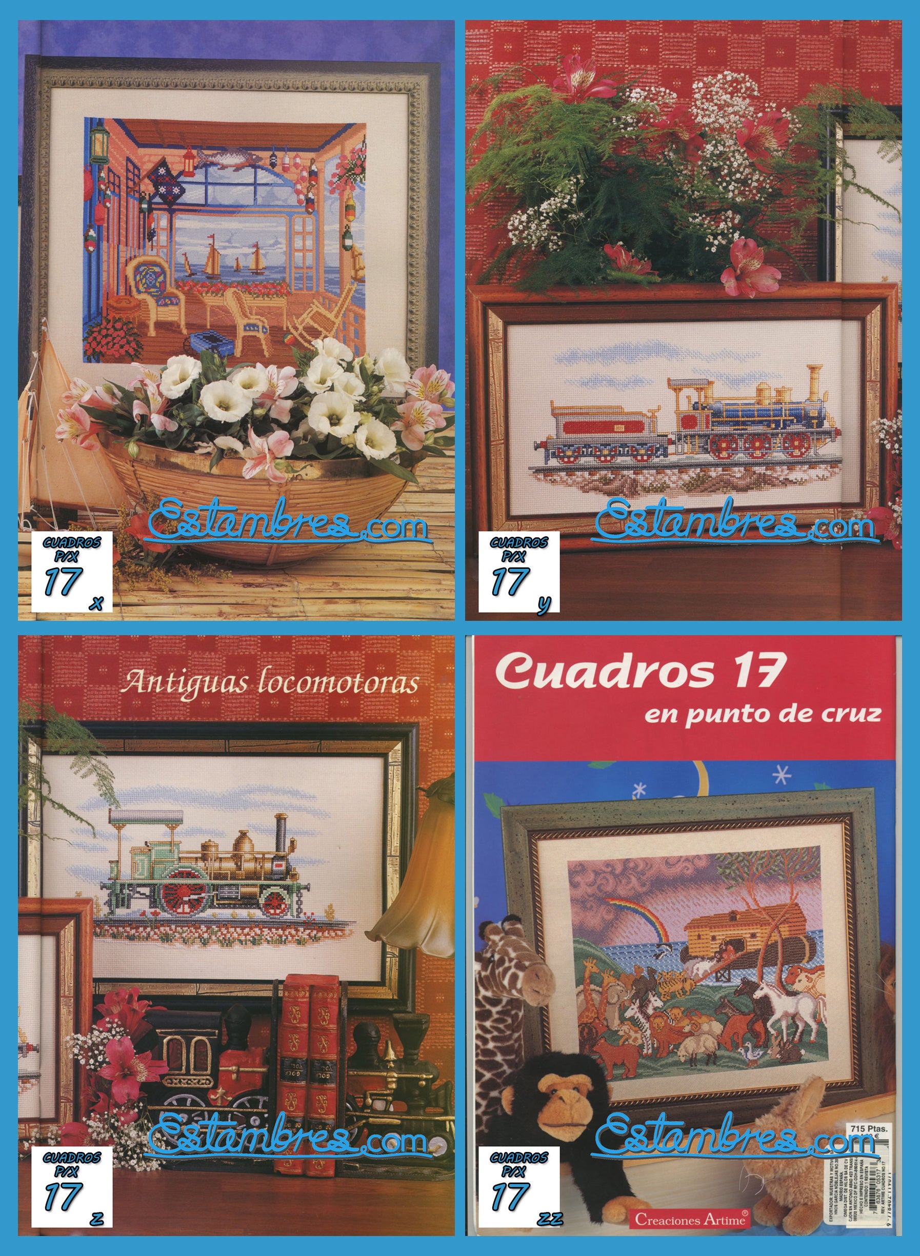 Revista Española Cuadros en Punto de Cruz, contiene muestras elaboradas en punto de cruz, con sus respectivos esquemas de Punto de Cruz, y su respectiva lista de colores a usar, para cada grafico.