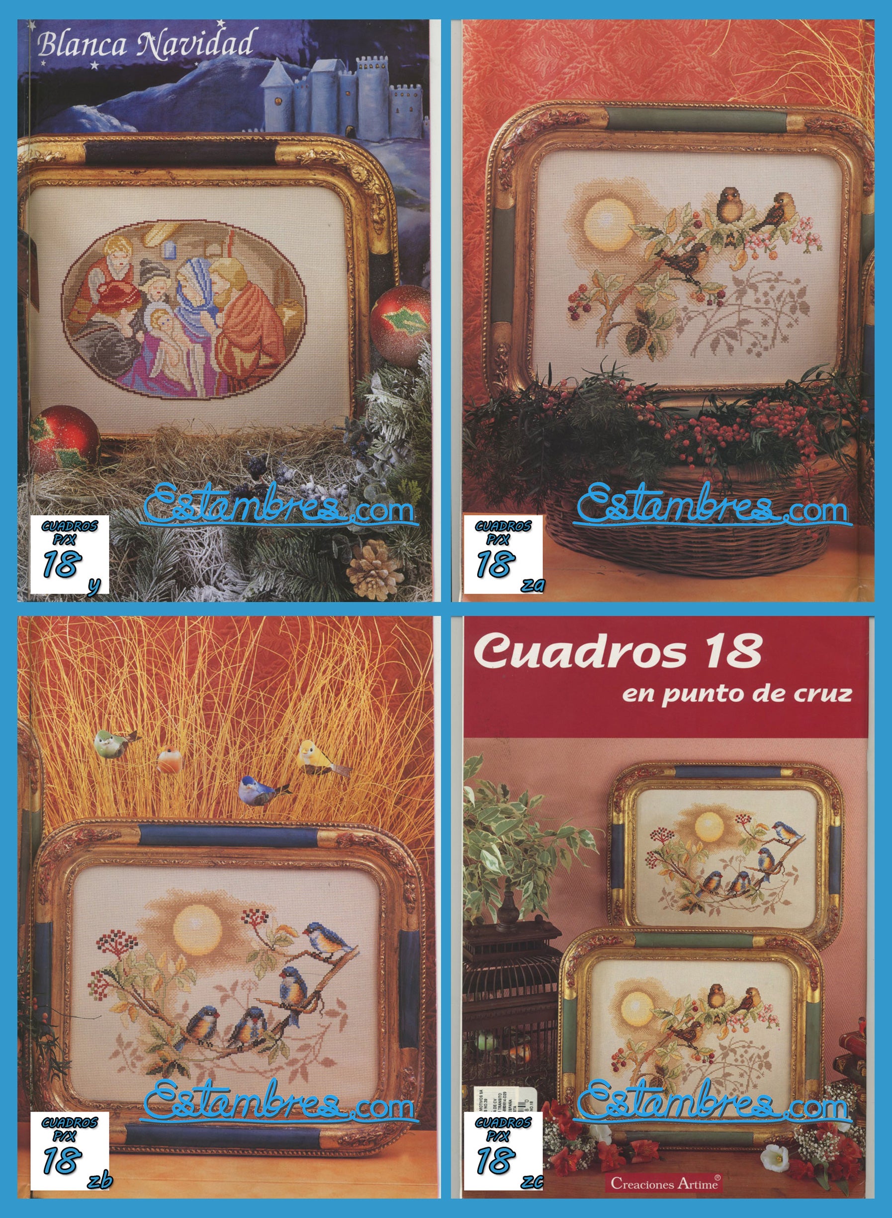 Revista Española Cuadros en Punto de Cruz, contiene muestras elaboradas en punto de cruz, con sus respectivos esquemas de Punto de Cruz, y su respectiva lista de colores a usar, para cada grafico.