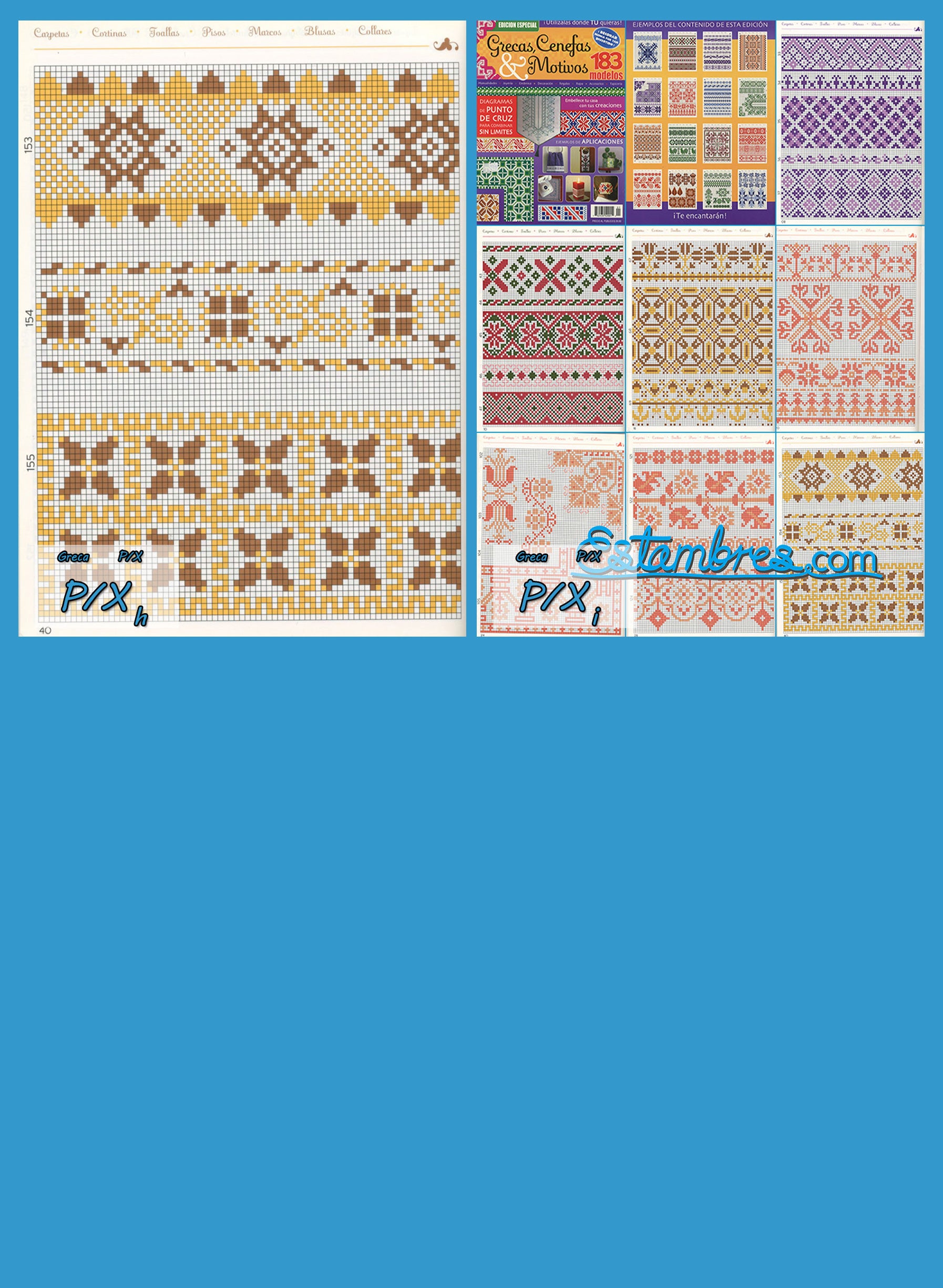 Revista Española de Grecas en Punto de Cruz, contiene muestras elaboradas en punto de cruz, con sus respectivos esquemas de Punto de Cruz