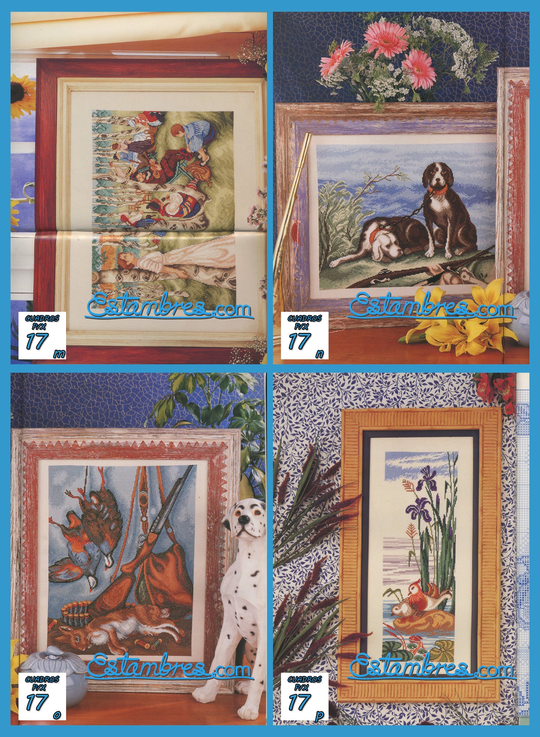 Revista Española Cuadros en Punto de Cruz, contiene muestras elaboradas en punto de cruz, con sus respectivos esquemas de Punto de Cruz, y su respectiva lista de colores a usar, para cada grafico.